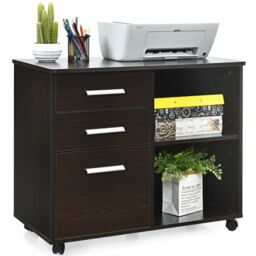 Costway 3-Drawer File Cabinet Mobile Printer Stand Lateral Filing Cabinet W/ Hanging Bars in Brown - thumbnail 1