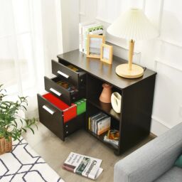 Costway 3-Drawer File Cabinet Mobile Printer Stand Lateral Filing Cabinet W/ Hanging Bars in Brown - thumbnail 5