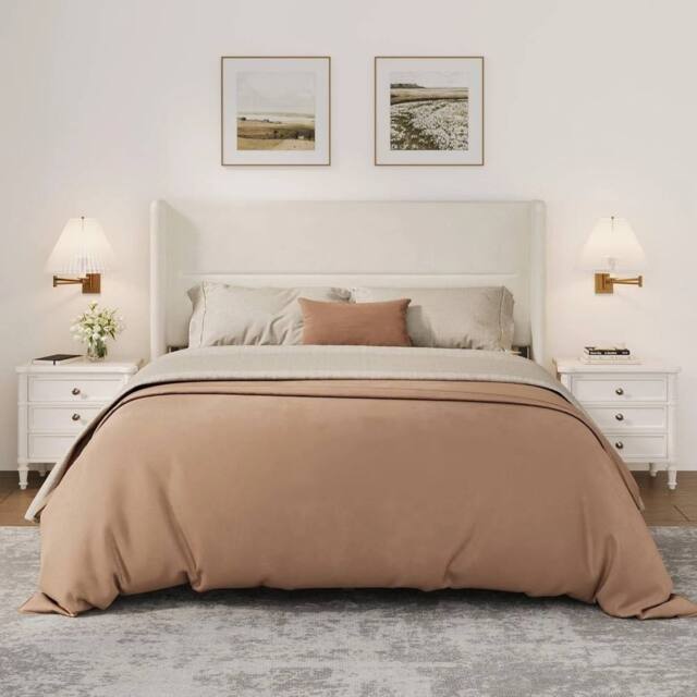 FORGEVIO Full Size Bed Frame Headboard Velvet Upholstered Platform Bedframe in White - image 1