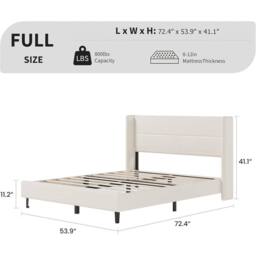 FORGEVIO Full Size Bed Frame Headboard Velvet Upholstered Platform Bedframe in White - thumbnail 2
