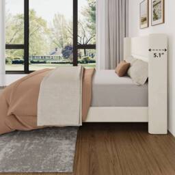 FORGEVIO Full Size Bed Frame Headboard Velvet Upholstered Platform Bedframe in White - thumbnail 4