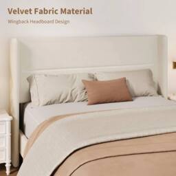 FORGEVIO Full Size Bed Frame Headboard Velvet Upholstered Platform Bedframe in White - thumbnail 3