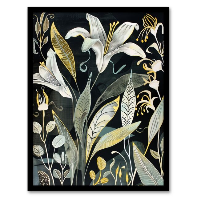 "Artery8 Lily Flowers Dark Stylised Floral Painting Framed Art Print in Black - Size: W12"" x H16""" - image 1