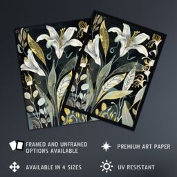 "Artery8 Lily Flowers Dark Stylised Floral Painting Framed Art Print in Black - Size: W12"" x H16""" - thumbnail 2