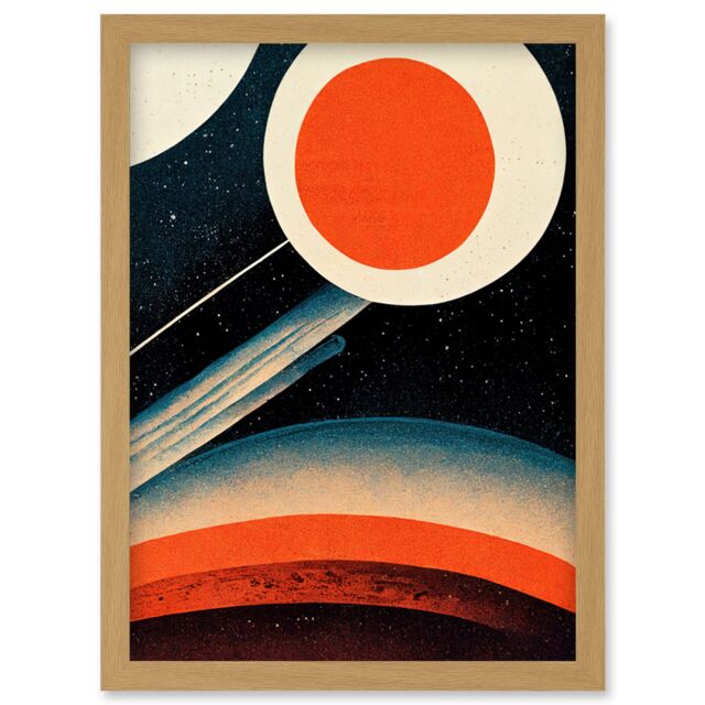 Artery8 Retro Boho Space Starscape Abstract Mid Century Style Navy Teal Orange Cream Artwork Framed Wall Art Print A4 in Light Oak - image 1