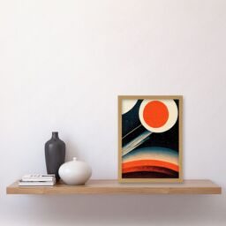 Artery8 Retro Boho Space Starscape Abstract Mid Century Style Navy Teal Orange Cream Artwork Framed Wall Art Print A4 in Light Oak - thumbnail 2