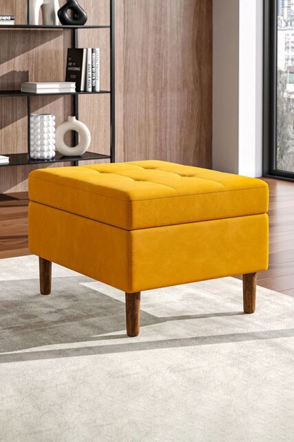 Living and Home Modern Rectangular Tufted Velvet Footstool Storage Ottoman in Yellow