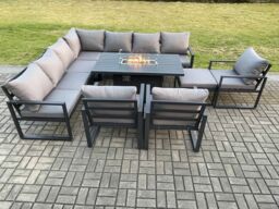 Fimous Aluminium 11 Seater Garden Furniture Outdoor Set Patio Lounge Sofa Gas Fire Pit Dining Table Set with 3 Chairs Big Footstool Dark Grey - thumbnail 2