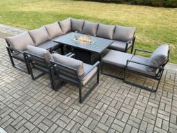 Fimous Aluminium 11 Seater Garden Furniture Outdoor Set Patio Lounge Sofa Gas Fire Pit Dining Table Set with 3 Chairs Big Footstool Dark Grey - thumbnail 1