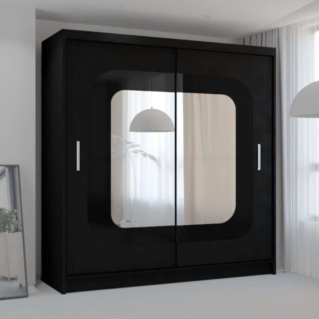 MN Furniture Wardrobe with Sliding Door-Mirror & LED Light 150cmx217cm in Black - Size: 150 cmx217 cm - image 1