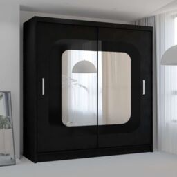 MN Furniture Wardrobe with Sliding Door-Mirror & LED Light 150cmx217cm in Black - Size: 150 cmx217 cm - thumbnail 1