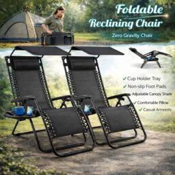 ATEK 2x Zero Gravity Chair Foldable Reclining Garden Sun Lounger Adjustable in Black - thumbnail 1