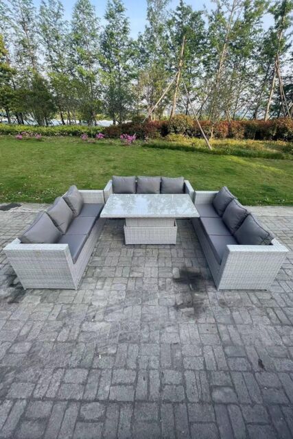 Fimous Lounge Rattan Garden Furniture Set Height Adjustable Rising Lifting Table Dining Set in Light Grey - image 1