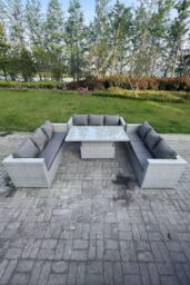 Fimous Lounge Rattan Garden Furniture Set Height Adjustable Rising Lifting Table Dining Set in Light Grey - thumbnail 1