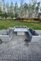 Fimous Lounge Rattan Garden Furniture Set Height Adjustable Rising Lifting Table Dining Set in Light Grey - thumbnail 3