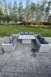 Fimous Lounge Rattan Garden Furniture Set Height Adjustable Rising Lifting Table Dining Set in Light Grey - thumbnail 2