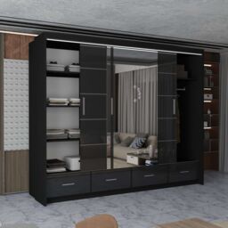 MN Furniture High Gloss Sliding Mirrored Wardrobe with LED Light - 255x220cm in Black - Size: 255x220 cm - thumbnail 3