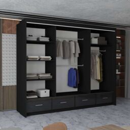 MN Furniture High Gloss Sliding Mirrored Wardrobe with LED Light - 255x220cm in Black - Size: 255x220 cm - thumbnail 4