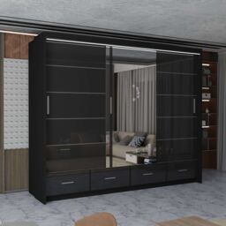 MN Furniture High Gloss Sliding Mirrored Wardrobe with LED Light - 255x220cm in Black - Size: 255x220 cm