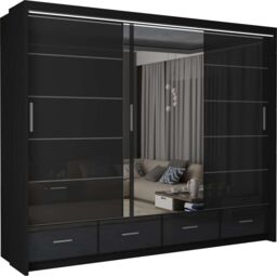 MN Furniture High Gloss Sliding Mirrored Wardrobe with LED Light - 255x220cm in Black - Size: 255x220 cm - thumbnail 2