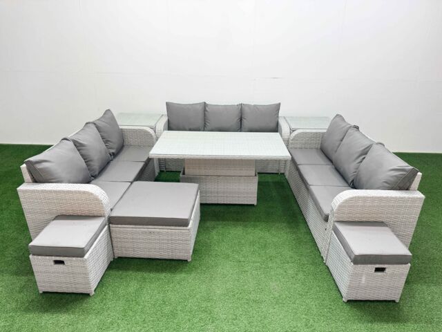 Fimous PE Rattan Lounge Sofa Set 12 Seater Outdoor Garden Furniture Set w/ Adjustable Lifting Dining or Coffee Table 3 Seater Sofa 3 Stools 2 Side - image 1