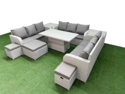 Fimous PE Rattan Lounge Sofa Set 12 Seater Outdoor Garden Furniture Set w/ Adjustable Lifting Dining or Coffee Table 3 Seater Sofa 3 Stools 2 Side - thumbnail 2