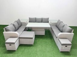 Fimous PE Rattan Lounge Sofa Set 12 Seater Outdoor Garden Furniture Set w/ Adjustable Lifting Dining or Coffee Table 3 Seater Sofa 3 Stools 2 Side - thumbnail 1