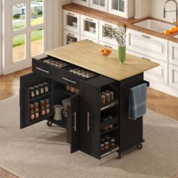 BTM Kitchen Island Drop Leaf Storage Trolley Drawers Organizer Rack in Black - thumbnail 1