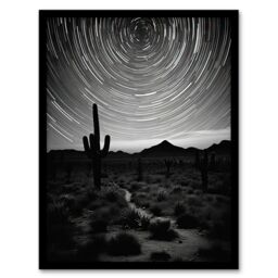 "Artery8 Wall Art Print Time Lapse Night Sky Star Trails Across The Night Sky Black White Desert Cactus Art Framed - Size: W12"" x H16""" - thumbnail 1