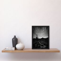 "Artery8 Wall Art Print Time Lapse Night Sky Star Trails Across The Night Sky Black White Desert Cactus Art Framed - Size: W12"" x H16""" - thumbnail 4