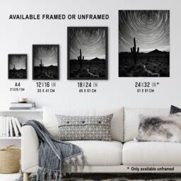 "Artery8 Wall Art Print Time Lapse Night Sky Star Trails Across The Night Sky Black White Desert Cactus Art Framed - Size: W12"" x H16""" - thumbnail 3