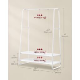 VASAGLE Heavy Duty Clothes Rail 2 Shelf Steel Frame 6 S Hooks in White - thumbnail 2
