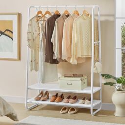 VASAGLE Heavy Duty Clothes Rail 2 Shelf Steel Frame 6 S Hooks in White