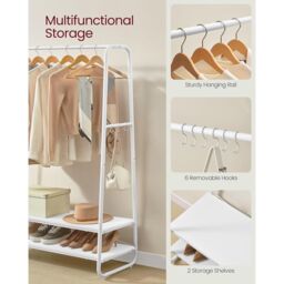 VASAGLE Heavy Duty Clothes Rail 2 Shelf Steel Frame 6 S Hooks in White - thumbnail 5