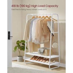 VASAGLE Heavy Duty Clothes Rail 2 Shelf Steel Frame 6 S Hooks in White - thumbnail 3