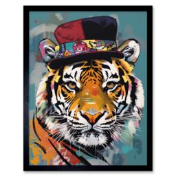 "Artery8 Wall Art Print Tiger Wearing Soft Felt Top Hat Modern Folk Art Framed in Black - Size: W12"" x H16""" - thumbnail 1