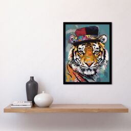"Artery8 Wall Art Print Tiger Wearing Soft Felt Top Hat Modern Folk Art Framed in Black - Size: W12"" x H16""" - thumbnail 2