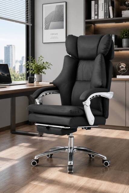 Living and Home Ergonomic Reclining Office Chair with Footrest and Adjustable Headrest in Black - image 1