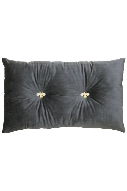 Paoletti Bumble Bee Embroidered Buttoned Velvet Ready Filled Cushion in Charcoal - Size: 30 cm x 50 cm - image 1