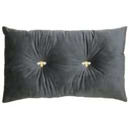 Paoletti Bumble Bee Embroidered Buttoned Velvet Ready Filled Cushion in Charcoal - Size: 30 cm x 50 cm - thumbnail 2