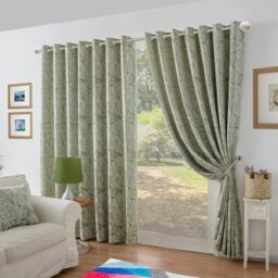 Luxury Living Chenille Jacquard Lined Ring Top Eyelet Curtains in Green - Size: 168 cm width x 137 cm drop - thumbnail 2