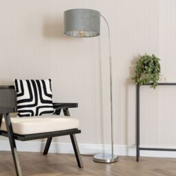 ValueLights Curva Chrome Arched Floor Lamp with Grey Velvet & Chrome Inner Lamp Shade - thumbnail 3