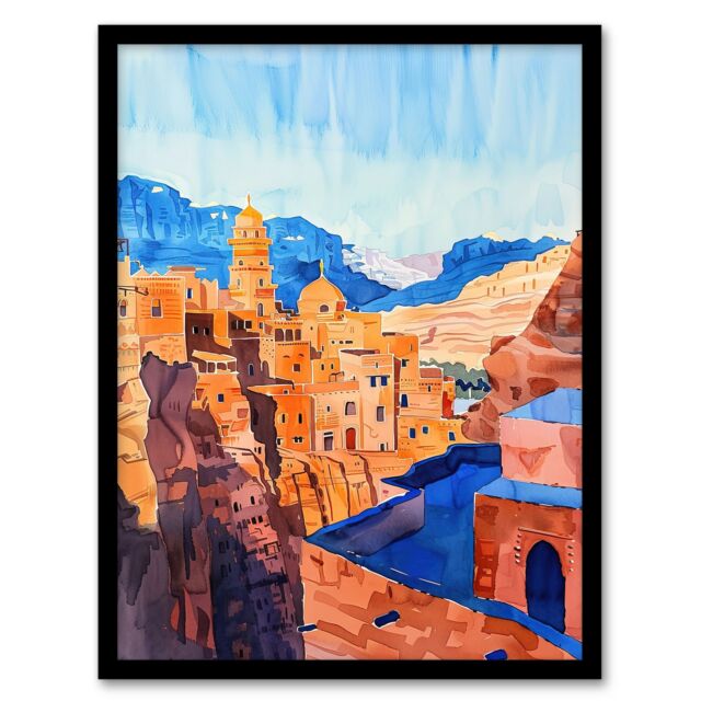 "Artery8 Old City of Jerusalem Watercolour Cityscape Framed Wall Art in Blue - Size: W12"" x H16""" - image 1