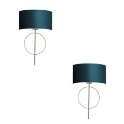 Loops 2 PACK Antique Silver Leaf Wall Light & Teal Satin Shade Dimmable Filament Lamp in Metallics