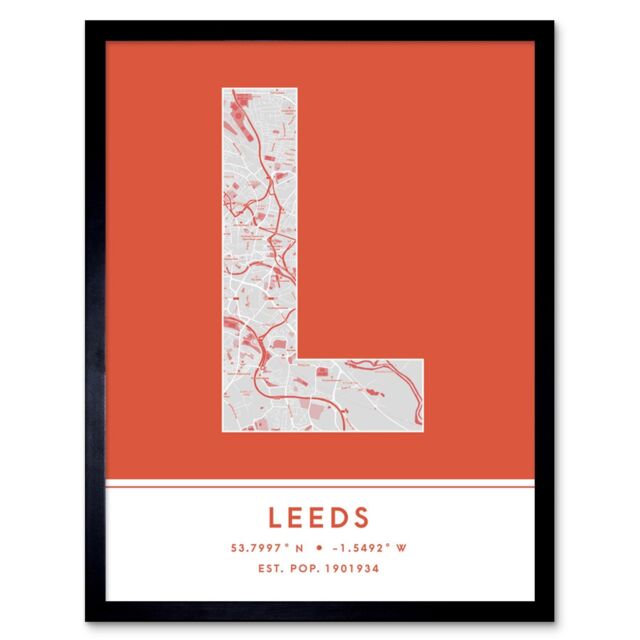 "Wee Blue Coo Wall Art Print Leeds England United Kingdom City Map Modern Typography Stylish Letter Framed Word in Orange - Size: W12"" x H16""" - image 1