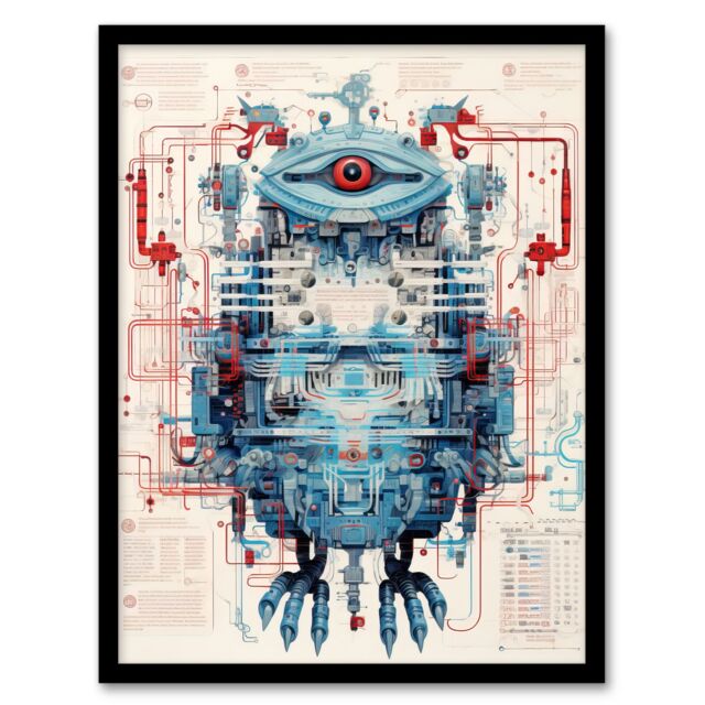 Artery8 Wall Art Print Bird Robot Hybrid Schematic Blue Futuristic Secret Spy Cam Complex Arcane Manuscript Gift For Him Man Cave Art Framed - image 1