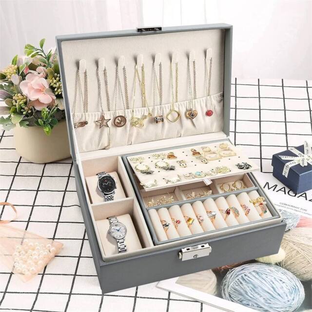Havendro 2 Layer Large Jewellery Boxes Leather Storage Case in Grey - Size: 10 - image 1