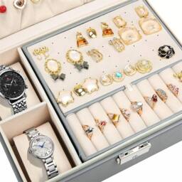 Havendro 2 Layer Large Jewellery Boxes Leather Storage Case in Grey - Size: 10 - thumbnail 4