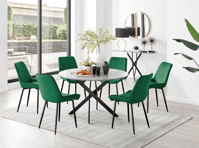 FurnitureboxUK Novara Grey Concrete Effect Black Leg 120cm Round Dining Table & 6 Pesaro Black Leg Chairs in Green - image 1