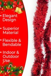 Neel Blue Christmas Tinsel Garland Shiny Metallic Fine Foil Xmas Tree Garland, 2m in Red - thumbnail 3
